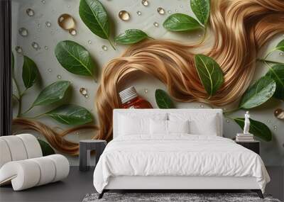 An illustration of haircare cosmetics illustrates long blonde hair flowing beside a bottle filled with drops and green leaves. Wall mural