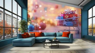 An image of a shopping cart filled with gift boxes on a festive background Wall mural