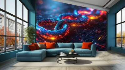 An infinity symbol representing the operations of software development. The display system for programmers administers the HUDS. The coding, testing, and release monitoring is done online. The Wall mural