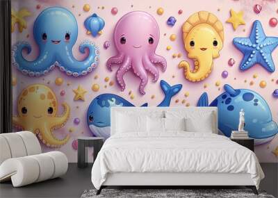 An underwater animals modern illustration set featuring bright icons stickers of cute sea animals, including ocean baby crabs, turtles, octopus, dolphins, seahorses, shells, starfish, and whale Wall mural