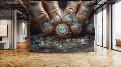 An unfinished 22 carat gold ring that has a big diamond in it with his hands hard at work on a grunge paper background Wall mural