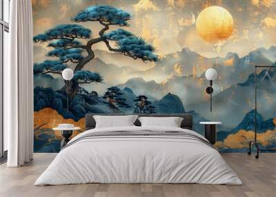 Blue and gold wave background seamless pattern. Japanese bonsai and wave pattern. Wall mural