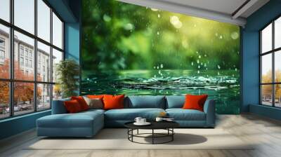 Blurred transparent green colored clear calm water surface texture with splashing, bubbles. Shining green ripples on a swimming pool surface. Coastal green water texture. Wall mural