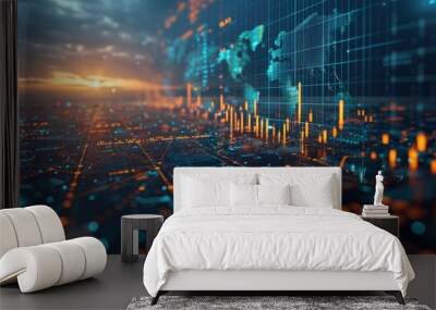 Business and economic growth on global business networks, Financial and banking data analysis, Customer service, Technology and data connection, Teamwork, Business strategy and digital marketing. Wall mural