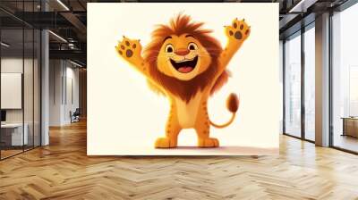 Cartoon lion smiling widely with paws raised, excited, and playful Wall mural