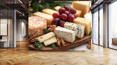 Cheese plate with grapes, nuts, and walnuts on white background Wall mural