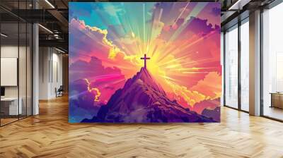 Christian cross symbol against colorful clouds background Wall mural