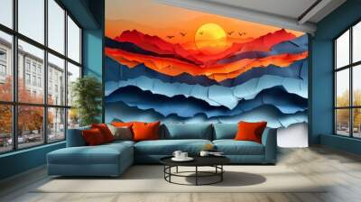 Colorful paper layers with torn edges. Sunrise background with birds and sunrise. Abstract warm background. Wall mural