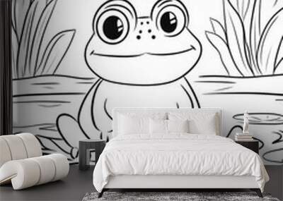 Coloring page of a cute frog on lily pads for children Wall mural