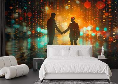 Data theme hologram and handshake of two men. IT partnership concept. Wall mural