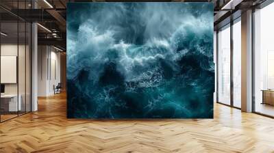 Drone photo backdrop of ocean wave in bird's eye waves splashing in the deep sea. Fabulous aerial top view background photo. Wall mural