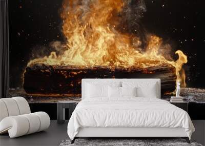 Firewood burning in a cozy campfire, emitted light and heat from glowing embers and flames, in close-up. Wall mural