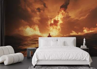 Firey silhouette of a person standing on a wave Wall mural