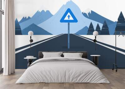 For safety and direction, an abstract mountain symbol is illustrated on a blue road sign Wall mural