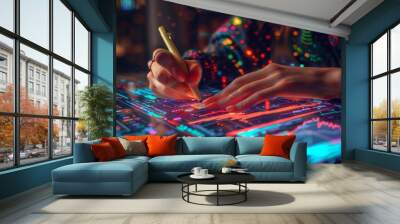 Hands of a woman making notes with forex graph hologram. Concept of technical analysis. Wall mural