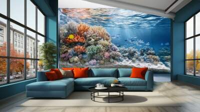 Human ecological activity. Colorful coral reef underwater with fish, before and after water pollution. Ai generation. Concept of ecological disaster and global warming. Wall mural