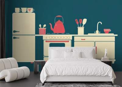 Icon of a modern kitchen with furniture and utensils. Wall mural