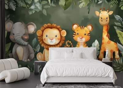 Illustration of safari animals with a baby elephant, lion, tiger, zebra, rhinoceros, and giraffe in watercolor. Wall mural