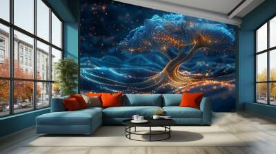 Image of a starry sky, consisting of dots, lines, and shapes representing trees, stars, and the universe. Modern business. Sacred geometry. Connected dots. Wall mural