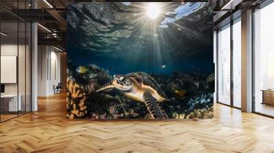 In crystal-clear water, a sea turtle glides gracefully amid colorful fish Wall mural