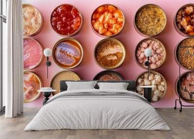 In front of a pale pink background, wet cat food is exhibited in open jars. Closeup of canned meat chunks and soft pate for household carnivores. A concept of food is shown from above. Wall mural