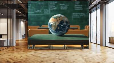 In the summer's final weeks of school, a global learning globe is placed on a tidy teacher's desk, highlighting global learning as the academic year begins Wall mural