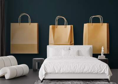 In this realistic mockup, two paper shopping bags are shown against a dark gray background for transporting goods and products during grocery or retail shopping. Wall mural