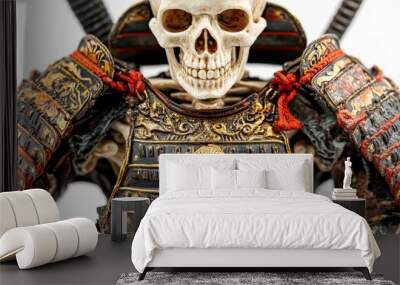 Isolated on white background, a detailed skeletal samurai warrior with intricate Halloween party mask, dressed in traditional armor with cinematic lighting. Wall mural