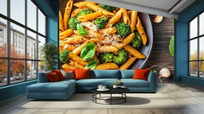 It's a tasty plate of pesto penne pasta with fresh basil and parmesan cheese, pesto, pasta, Italian, cuisine, basil, parmesan Wall mural