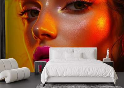 It features an attractive model girl's face in the foreground of a bright and colorful advertisement for tanning Wall mural