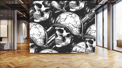 It features black and white skulls with a somber and eerie mood. The image depicts skeletons or zombies with helmets on their heads. Wall mural