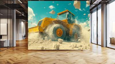 Loader pours crushed stone or gravel from the bucket of a powerful wheel loader or bulldozer isolated on a sky background. Modern equipment for earthworks and bulk handling. Wall mural