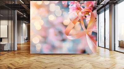 Main objects: pink ribbon, soft floral background. Conceptual meaning: breast cancer awareness, hope, and support. Wall mural