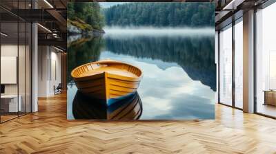 Misty mountains surround a serene lake with lush trees, with a lone wooden boat floating on the surface. Wall mural