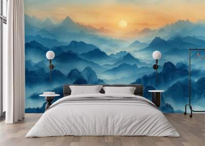 Modern background with blue mountains and golden lines. Oriental luxury landscape background design with watercolor brush and golden lines. Wall art for home decor. Wall mural