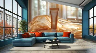 Modern illustration of a realistic cosmetic ads banner template. A realistic beige tube golden design commercial promotional element. Wall mural