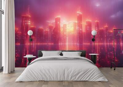 Night time neon futuristic cyberpunk scifi metropolis who is filled with neon light at night, and filled with tall buildings and long roads. Wall mural