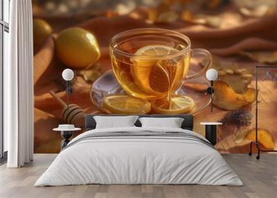 On an orange background, linden tea and honey bowl are pictured Wall mural