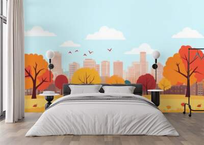 Park panorama with trees of different colors and a city in the distance. Modern illustration of a park overlooking the city. Wall mural