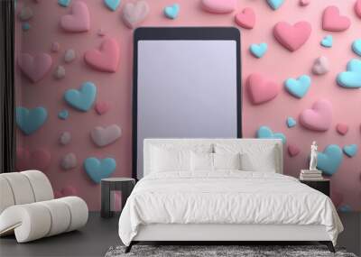 Pink background with pink and blue hearts. Wall mural