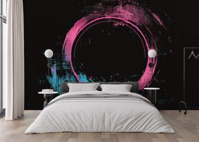 Round frame with neon shade of moving graphics on an isolated black background. light moves for overlay element Wall mural