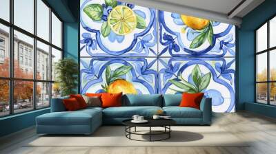 Seamless pattern in Sicilian style with hand drawn watercolor lemons and blue tiles. Stock illustration. Wall mural