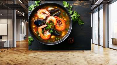 Served on a rustic table, Tom Yum Goong soup is delicious with seafood. Wall mural