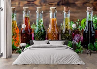 Set of homemade natural sauces in glass bottles on a rustic kitchen table Wall mural