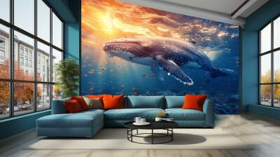 Split view of whales and marine life in the ocean Wall mural