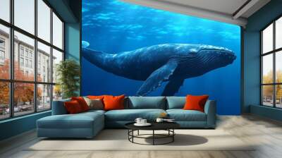 Stock observes a blue whale swimming alone in the deep ocean Wall mural