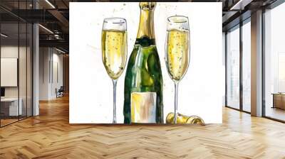 Stunning watercolor set featuring a champagne bottle and glasses. Licensed for commercial use. Wall mural