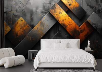 Stylish simple yellow orange gradient arrows creative design with arrows, angles, gray and yellow line elements. Futuristic technology concept with abstract black background. Wall mural