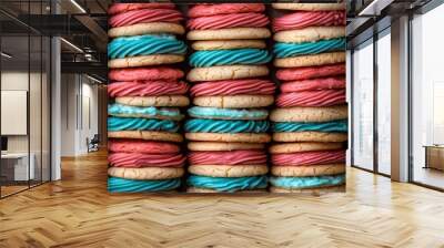 Sweets, chocolates, donuts, sweet colored biscuits, sweets on abstract background Wall mural