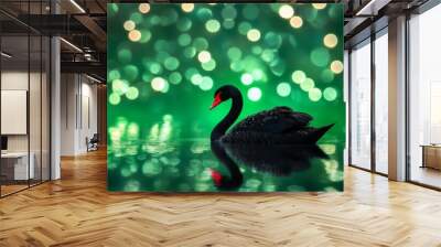 Swimming black swans in calm waters, a serene and elegant scene Wall mural